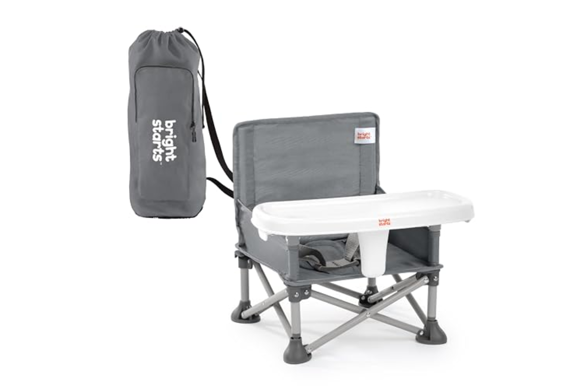 Bright Starts Pop N Sit rehausseur portable bebe gris 6 mois 3 ans tablette amovible sac transport