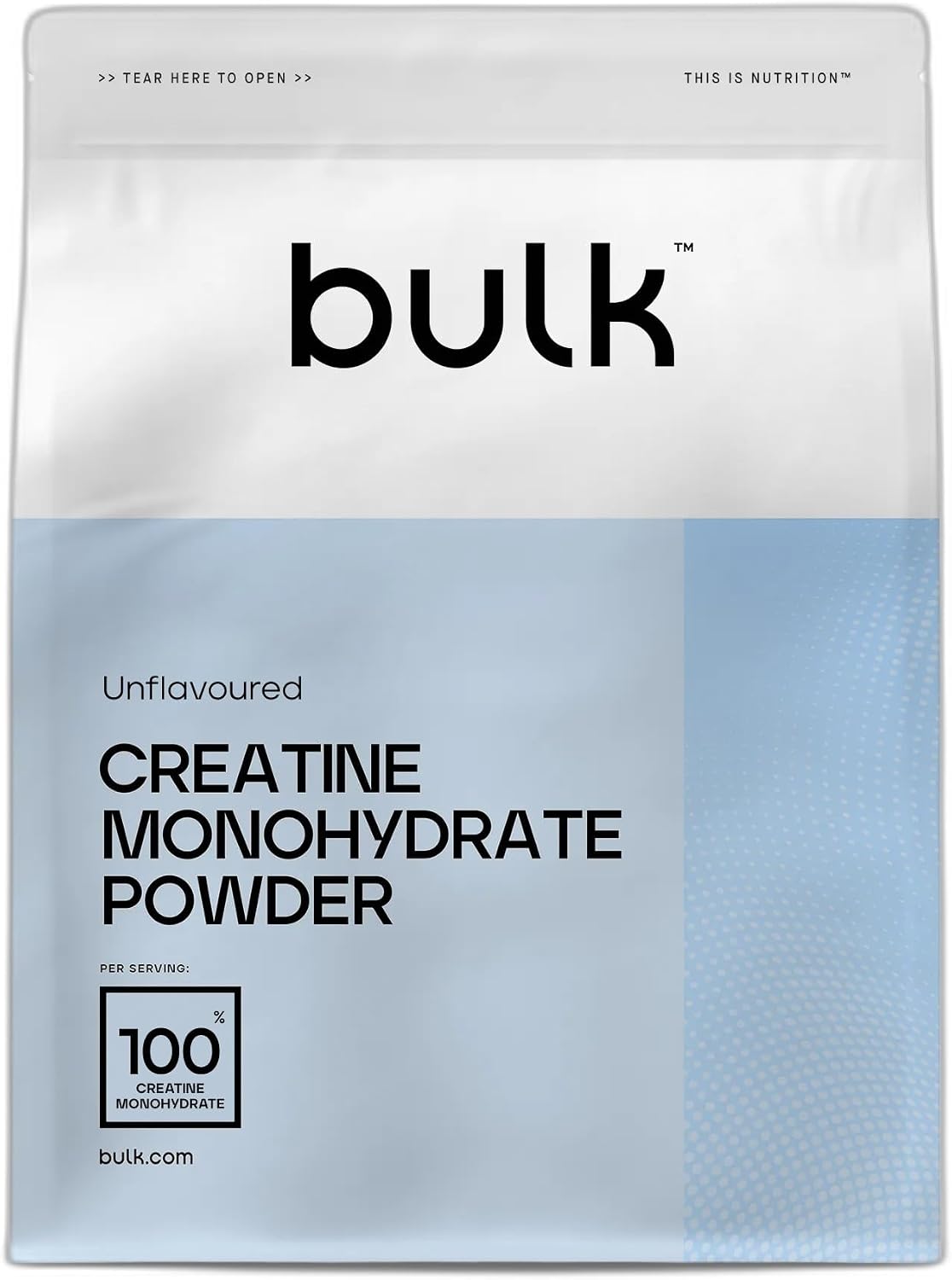 Sachet de 500 g de créatine monohydrate en poudre sans arôme de la marque Bulk
