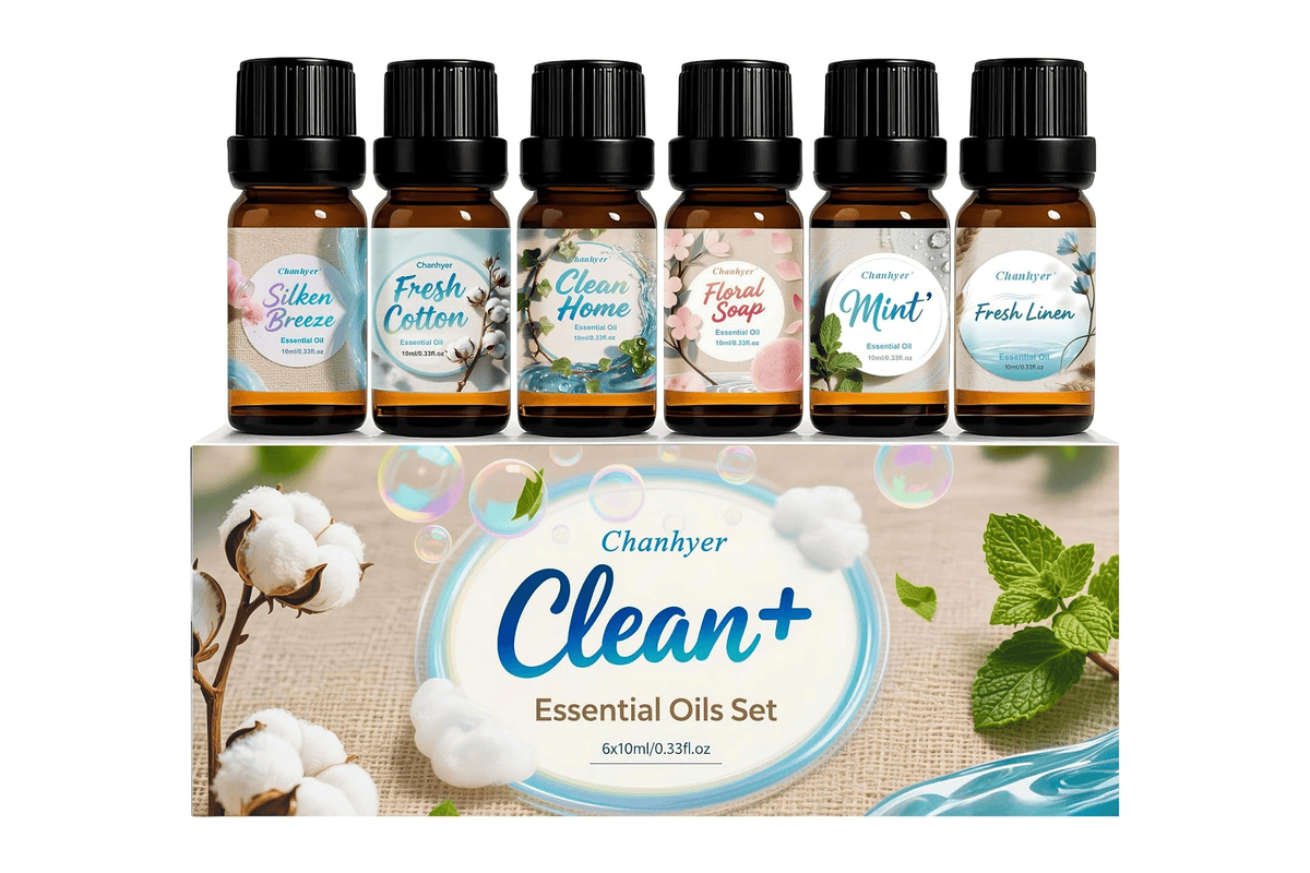 Chanhyer coffret 6 huiles essentielles Clean 10 ml Linge Frais Coton Poudre Douce Menthe Poivrée Maison Propre Parfum Savon
