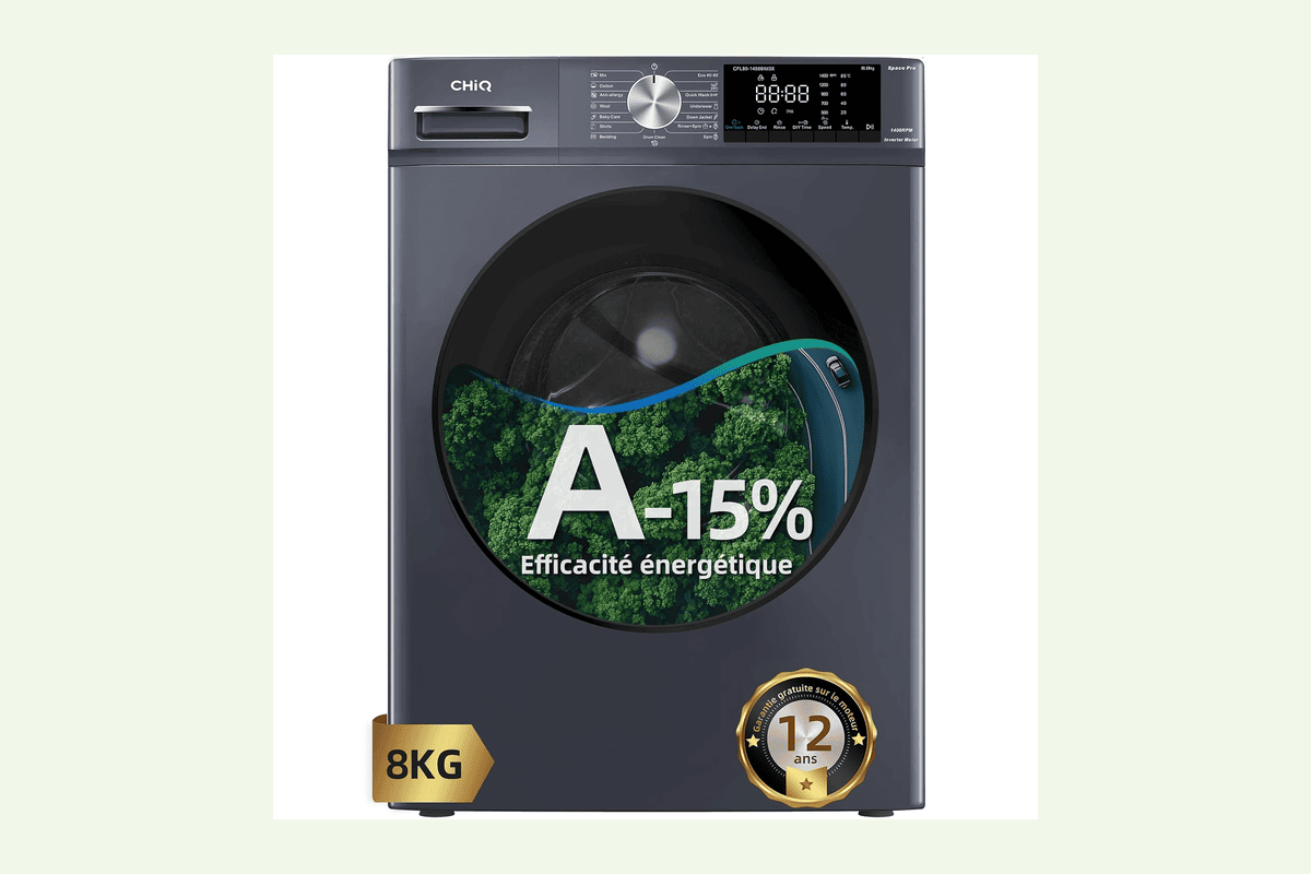 CHiQ lave-linge CFL80-14586IM3XA 8 kg classe A -15% moteur Inverter 1400 tr/min programme IA fonction vapeur lavage rapide 15 min 15 cycles gris 319,99 euros Amazon
