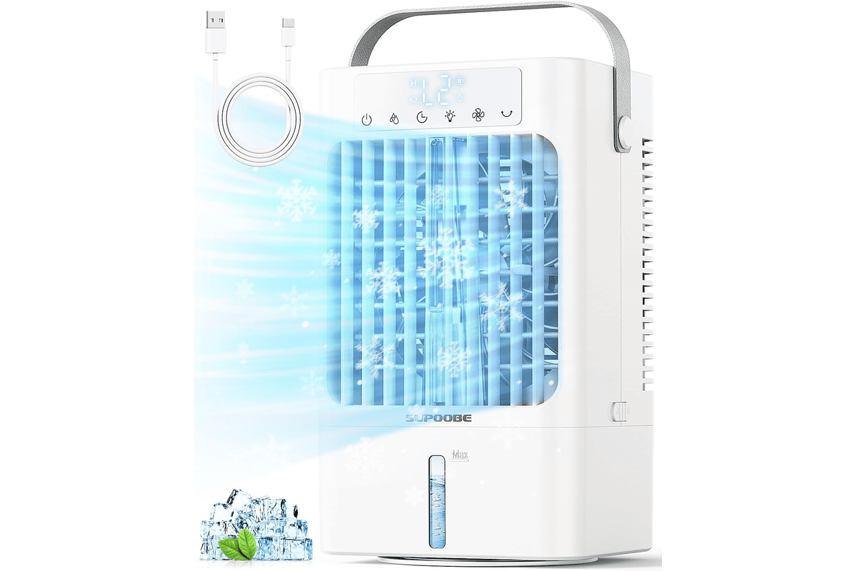 Climatiseur mobile portable blanc, refroidisseur d'air silencieux avec réservoir 900 ml et LED nuit