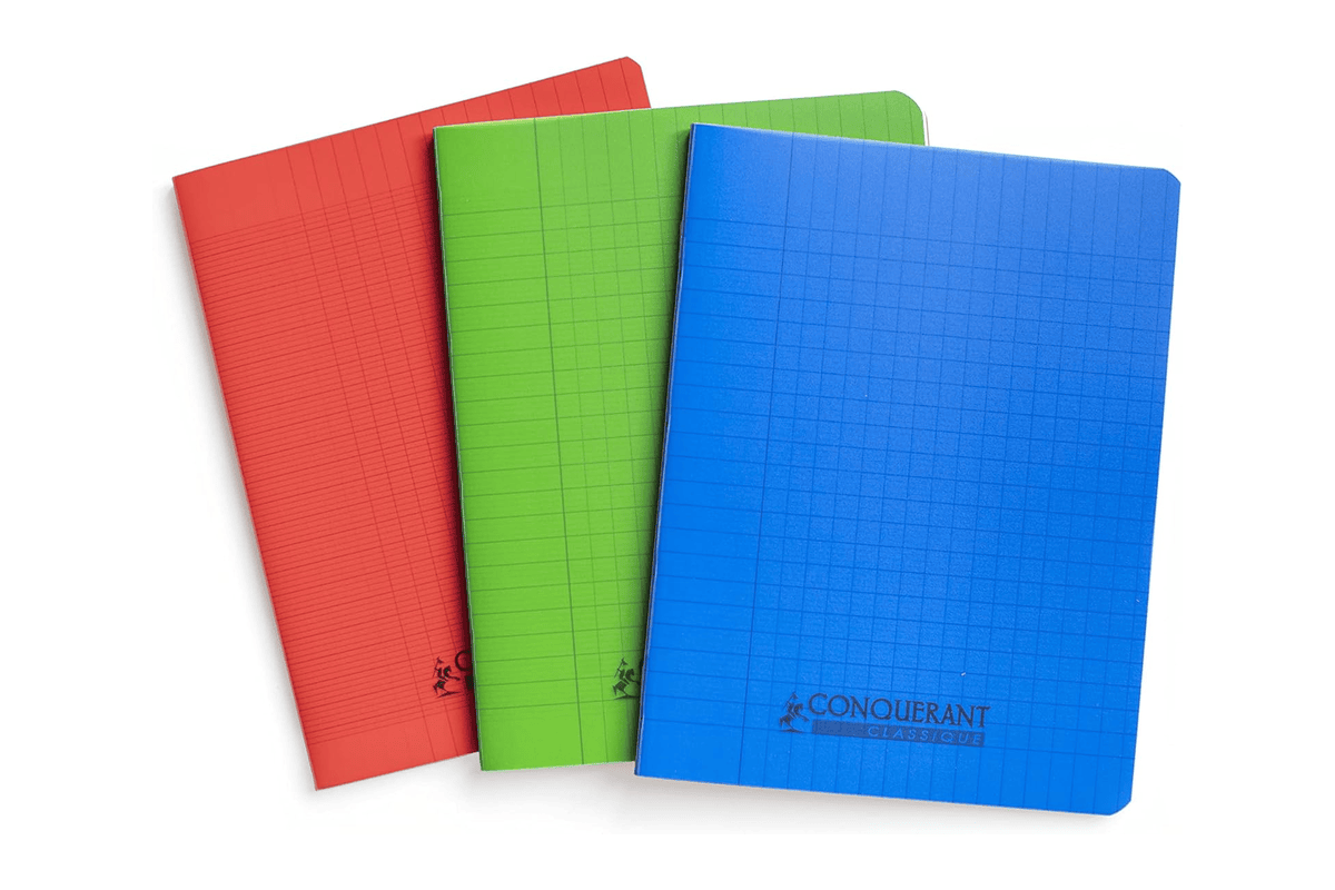 Conquérant lot de 3 cahiers 17x22 cm 96 pages Seyès 90g couverture polypro rouge bleu vert rentrée scolaire