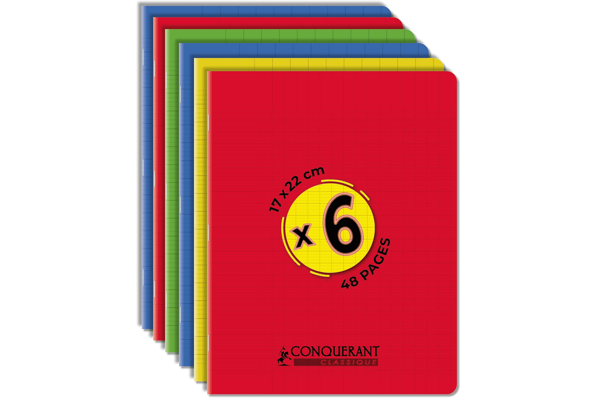 Conquérant lot 6 cahiers 17x22 cm 48 pages grands carreaux Seyès couverture polypro couleurs assorties bleu rouge vert papier 90g rentrée scolaire 7,80 € Amazon