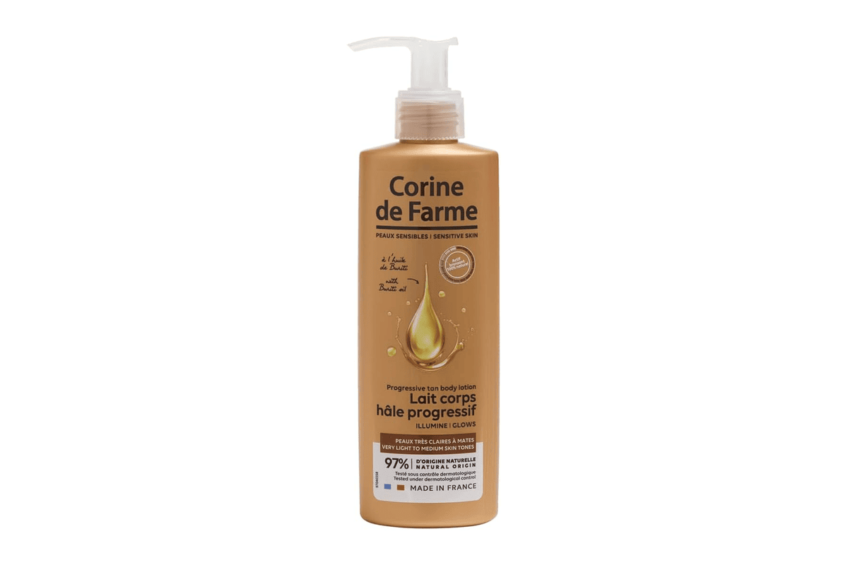 Corine de Farme Lait Autobronzant Progressif Effet Soleil DHA 150 ml tube blanc et rose Amazon 4,85 €
