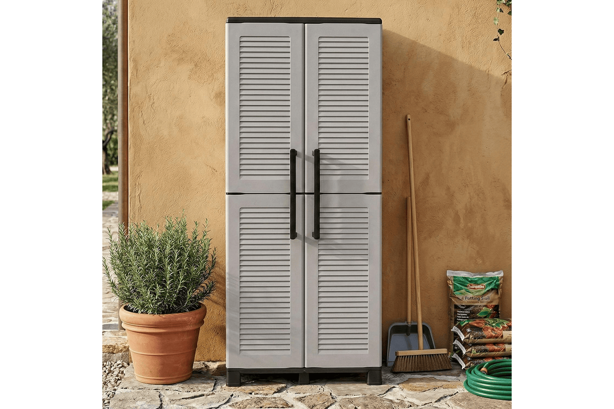 Dmora Armoire d'extérieur Veurne, 2 portes, 68 × 37 × H169 cm (gris clair + noir) Amazon 151,99 euros juillet 2026 bon plan