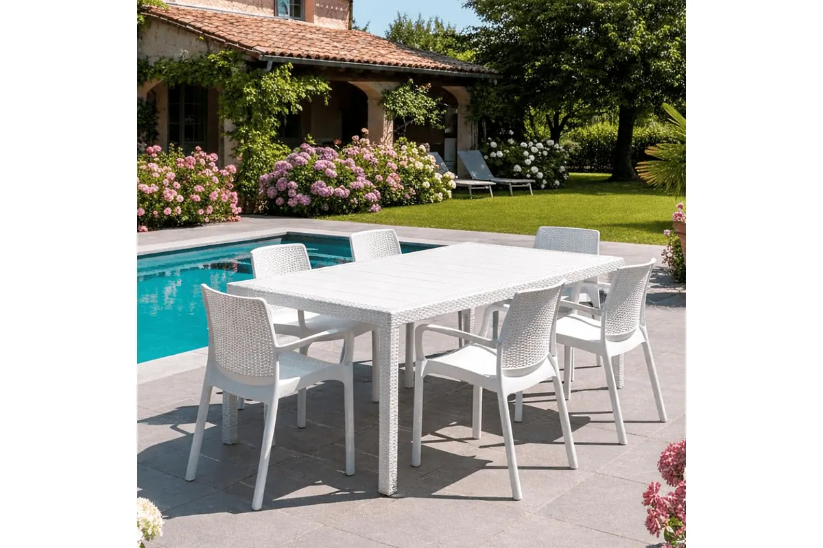 Dmora Set Salon d'extérieur Manarola, table rectangulaire extensible + 4 chaises effet rotin Amazon juillet 2026 bon plan