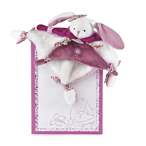 Doudou plat Lapin Cerise rose et blanc Doudou et Compagnie dans sa boîte cadeau