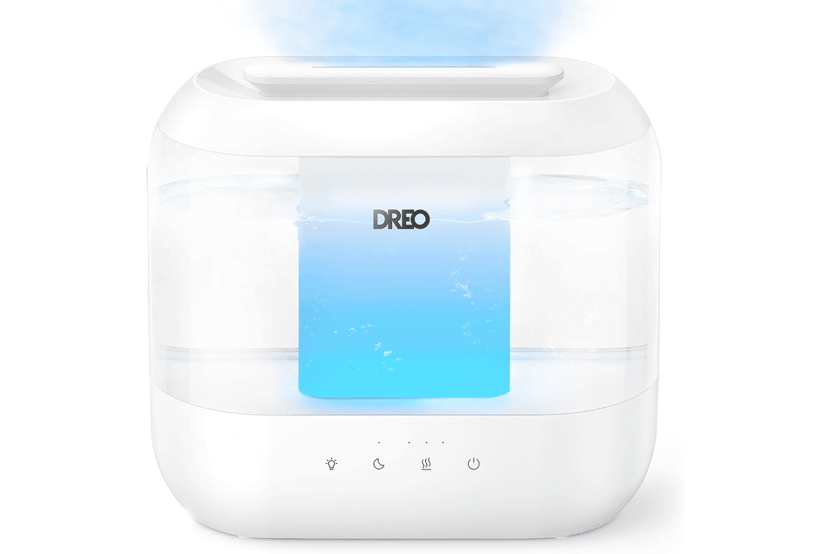 Humidificateur Dreo 4L vapeur chaude et froide posé dans une chambre à coucher
