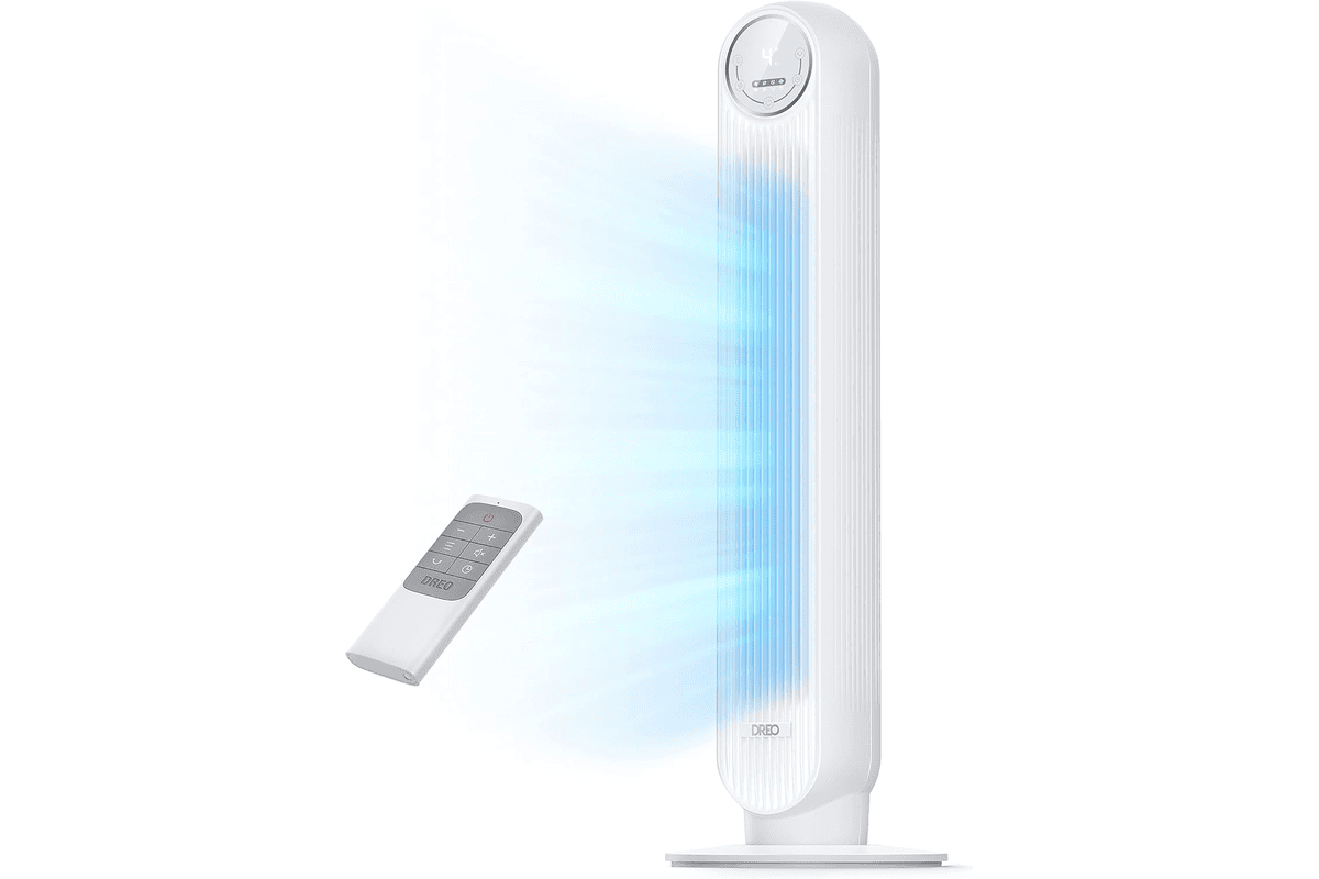 DREO ventilateur colonne silencieux vitesse 7,6 m/s avec oscillation 90 degres et telecommande