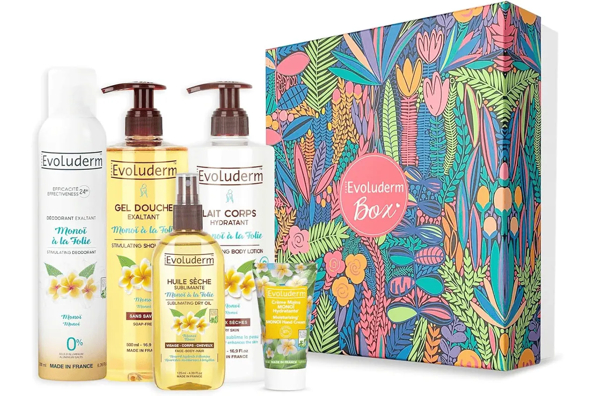 Evoluderm Coffret Cadeau Femme Corps Monoï de Tahiti 5 soins Origine Naturelle format Box L routine évasion tropicale bon plan Amazon