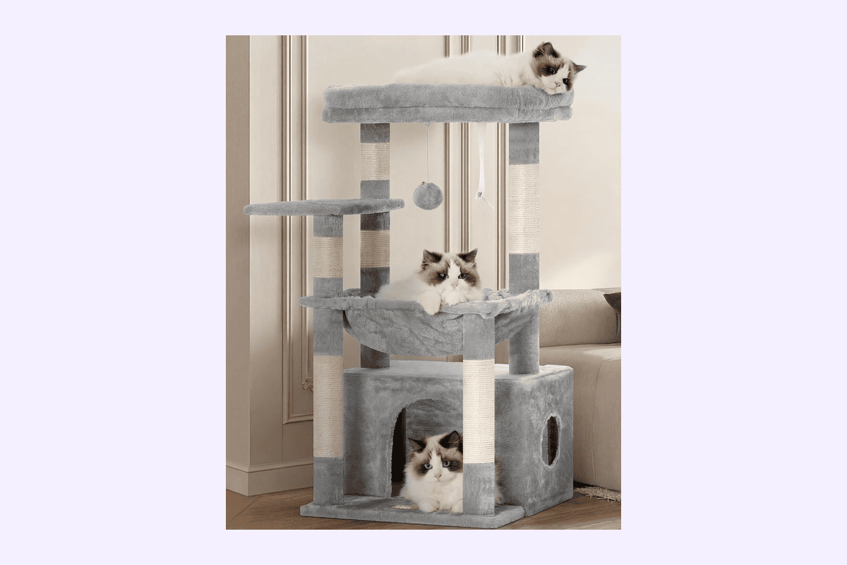 Heybly arbre à chat grand panier matou lit spacieux couchette cachée balle en peluche gris clair 36,09 euros Amazon