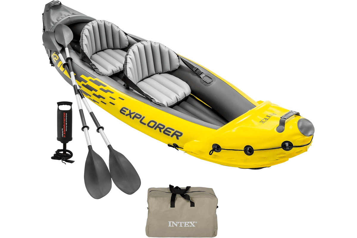Intex Set Kayak Explorer K2 jaune gonflable 2 personnes avec rames et gonfleur pour lac rivière calme mer côtière vacances été bon plan Amazon