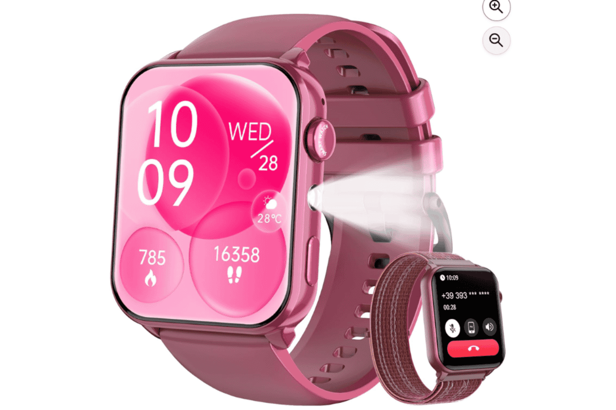 IOWODO Montre Connectée à 17,24 € au lieu de 59,99 € sur Amazon (-71 %, -42,75 € d'économie) : smartwatch rose et noir avec écran 1.91 pouces lisible en extérieur, appel Bluetooth depuis le poignet, cardiofréquencemètre, oxymètre SpO2, analyse du sommeil, 100+ modes sport, étanche IP68, compatible Android et iOS