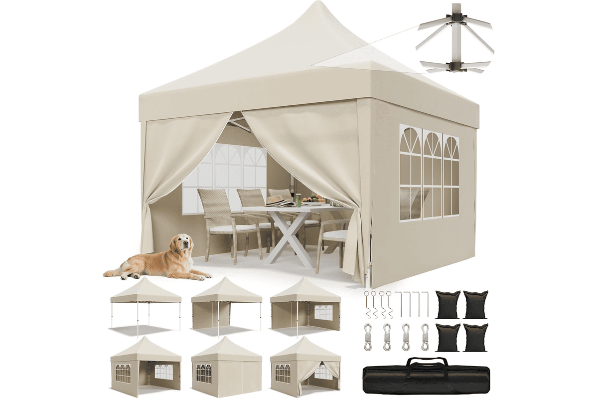 Tonnelle JUMMICO 3x3 pliante beige avec 10 cm de hauteur intérieure supplémentaire toile Oxford imperméable robuste durable tente de fête élégante idéale pour jardin camping brocante mariage barbecue extérieur pieds acier
