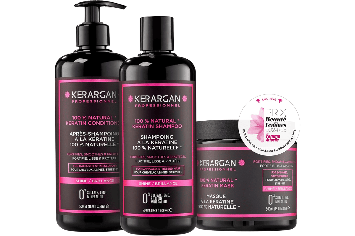 Kerargan Trio Ultra Réparateur Shampoing Après-shampoing Masque kératine cheveux abîmés stressés sans sulfate OGM silicone format 3x500 ml 54,17 € Amazon