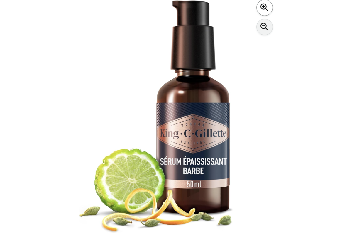 King C Gillette sérum épaississant barbe 50ml huile argan parfum signature Amazon -31 pourcent mai 2026