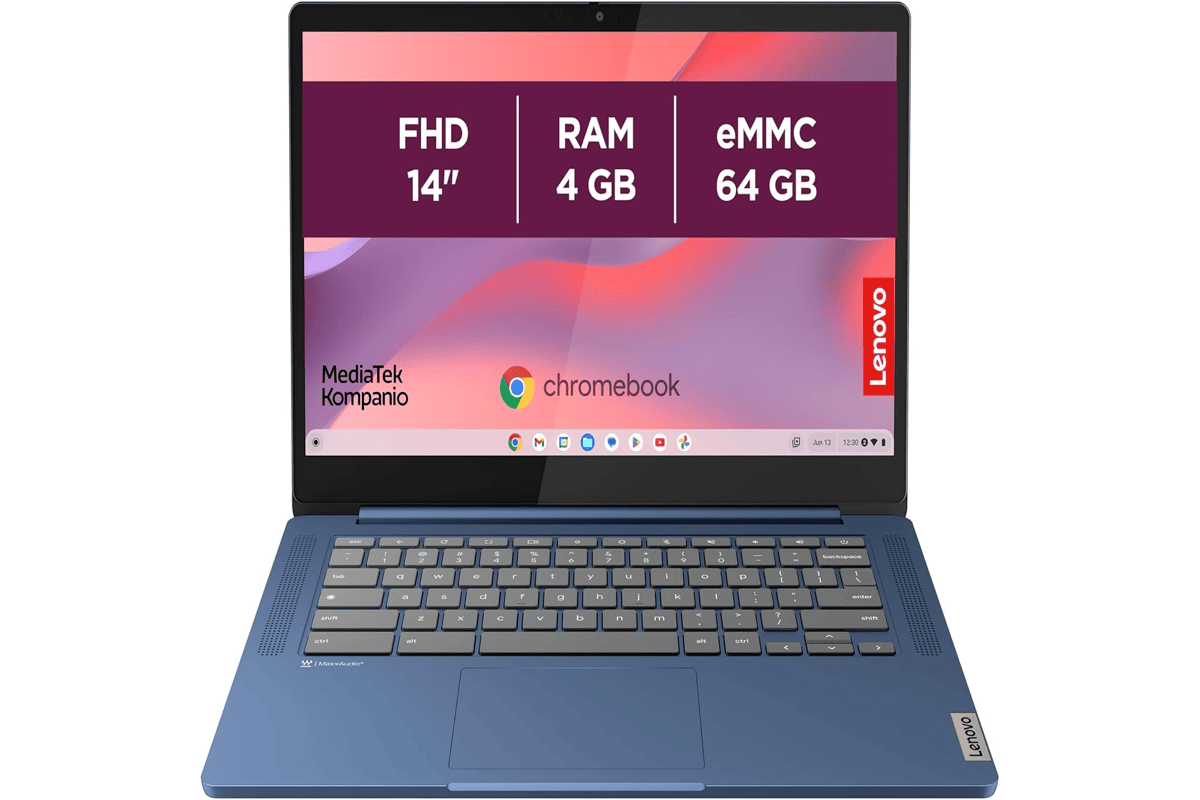 Lenovo IdeaPad Slim 3 Chromebook 14M868 14 pouces FHD MediaTek Kompanio 520 4Go RAM 64Go SSD bleu clavier AZERTY ouvert sur bureau