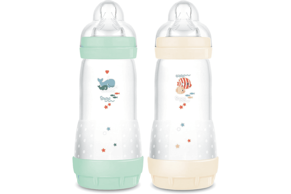 MAM Lot 2 biberons Easy Start Anti-Colique 320 ml 4 mois plus débit rapide Menthe Coton compatible allaitement réduction coliques