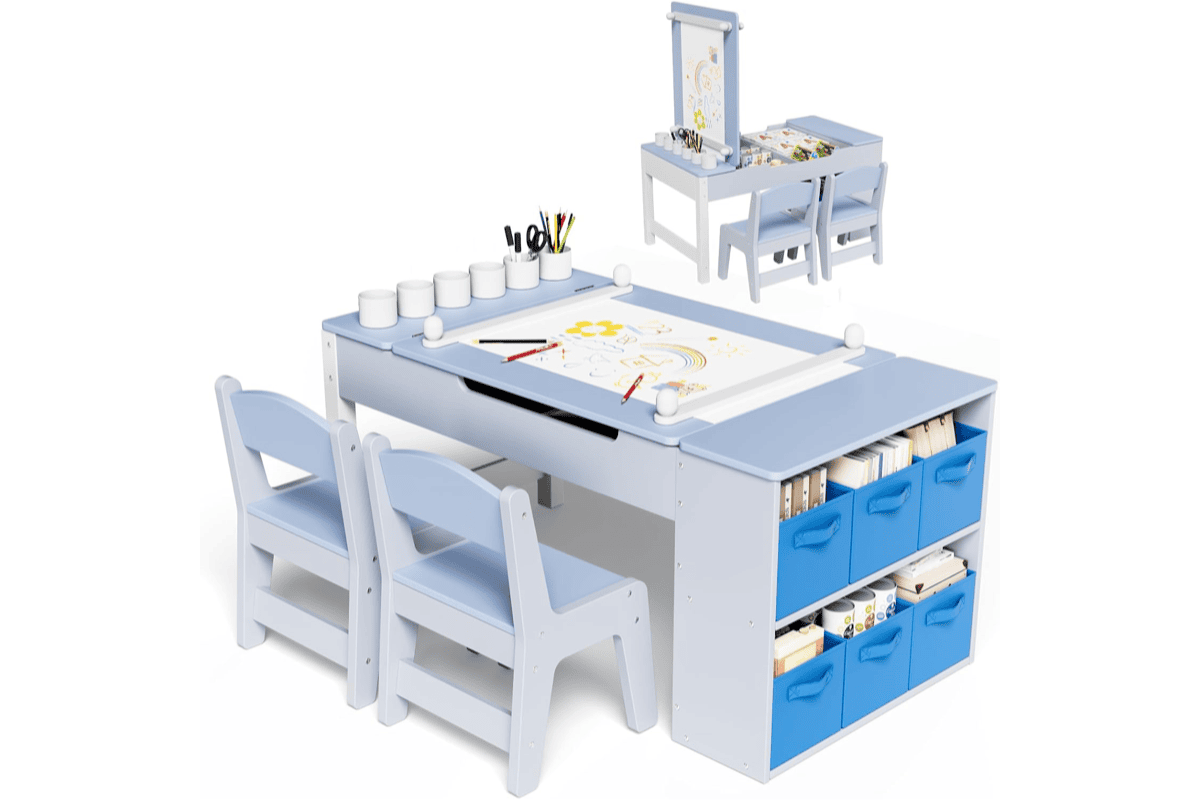 MAMIZO table enfant 2 chaises bureau bois rangement rouleau papier dessin bleu 3 ans