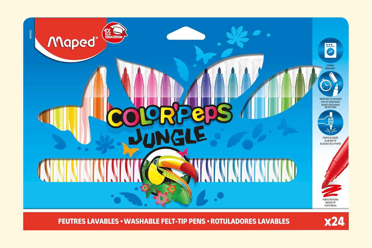 Maped Feutres Jungle Color'Peps 24 feutres de coloriage lavables résistants séchage pointe moyenne bloquée couleurs vives rentrée scolaire 5,90 euros Amazon