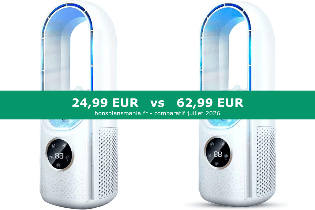 Comparatif mini climatiseur USB portable sans évacuation Amazon : modèle entrée de gamme 24,99 euros 6 vitesses vs ArticBlast 62,99 euros canicule été juillet 2026
