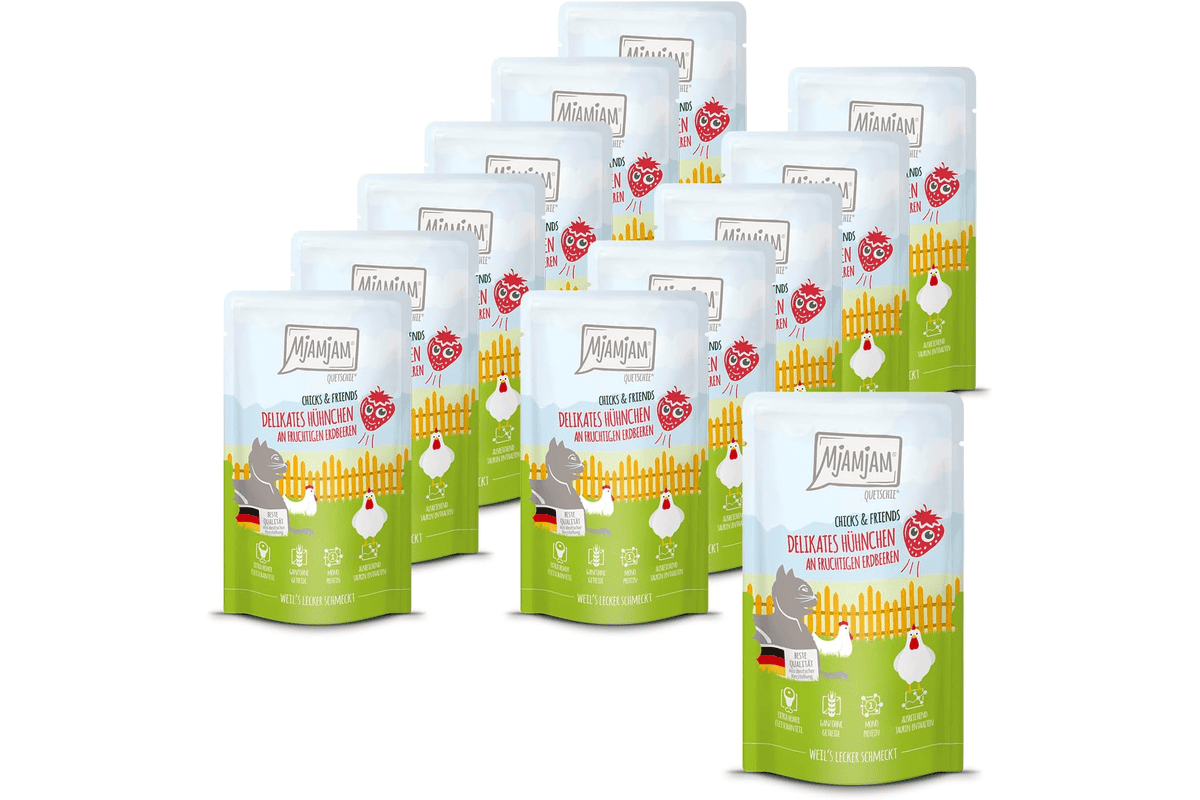 MjAMjAM Quetschie nourriture humide premium chat poulet fraises sans cereales sachet souple Amazon
