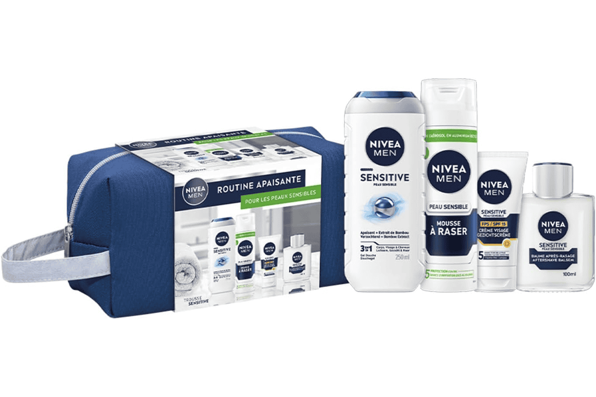 NIVEA Men trousse Sensitive coffret cadeau gel douche 3-en-1 mousse à raser baume après-rasage crème visage SPF 15 routine peau sensible