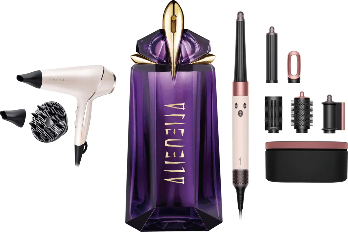 Les appareils de l'ancienne sélection beauté et coiffure: sèche-cheveux Remington, parfum Mugler Alien et Dyson Airwrap
