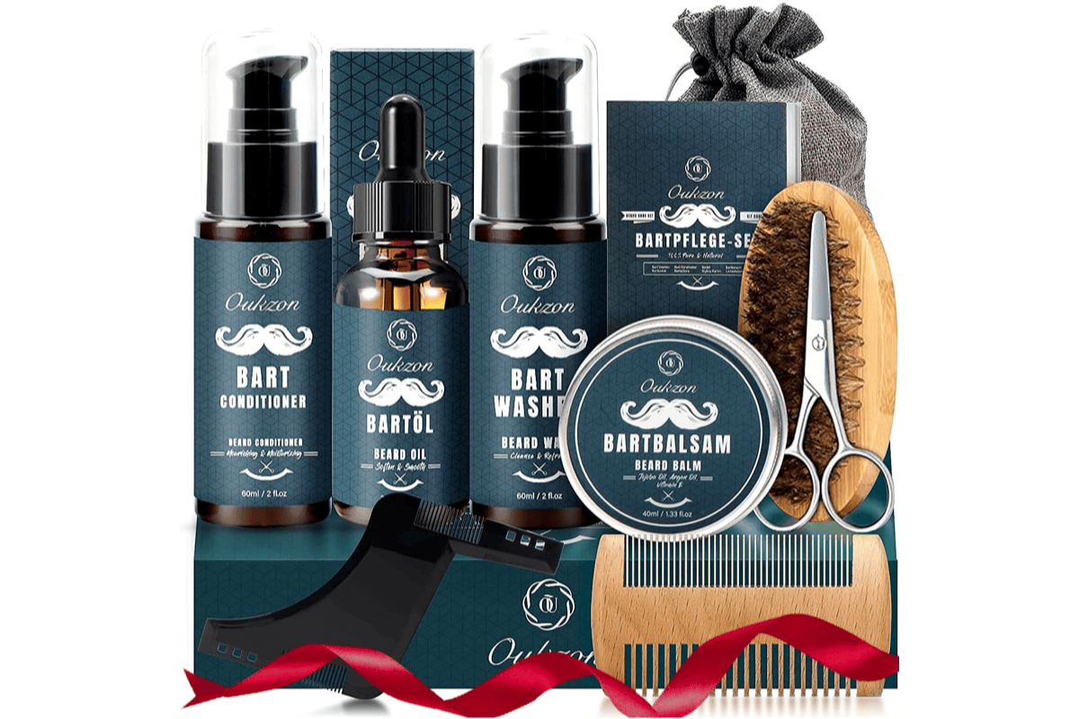 Oukzon kit soins barbe homme 10-en-1 coffret bois noir huile barbe shampoing conditionneur baume peigne brosse ciseaux accessoires soin barbe complet