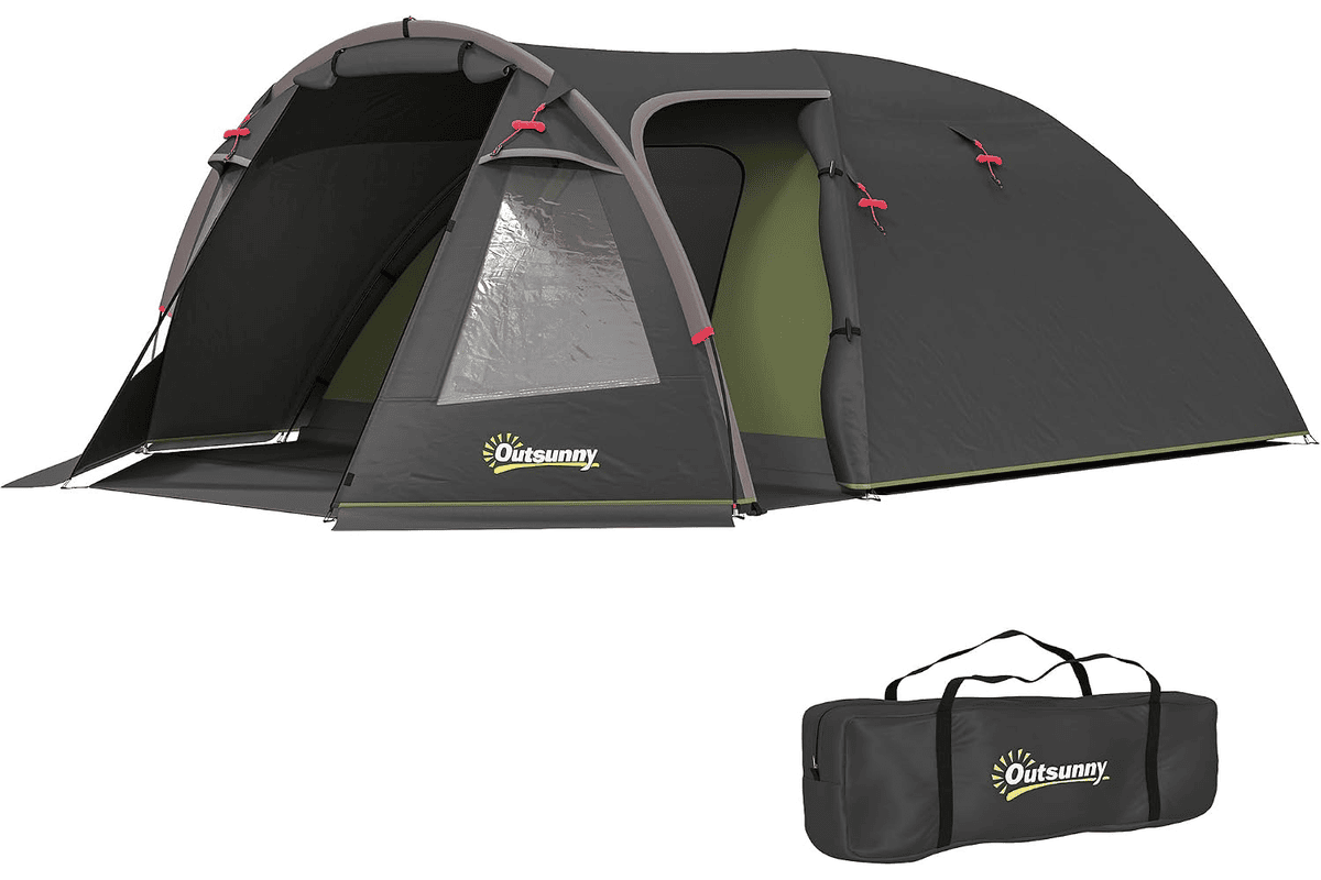 Tente de camping Outsunny 2 à 4 personnes tente tunnel imperméable 3000 mm noire 3 portes à zip fenêtres moustiquaires sac de transport arceaux fibre de verre pour camping voyage randonnée jardin été