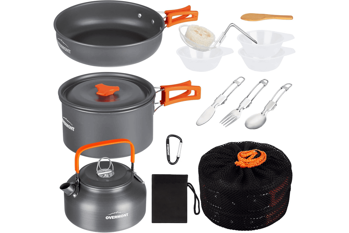 Kit casseroles camping OVERMONT 14 pièces en aluminium avec poêle, grille et accessoires