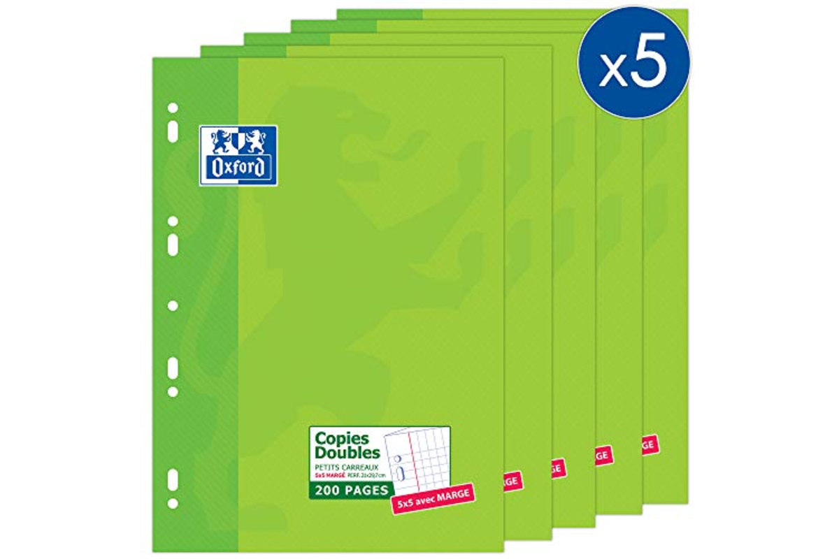 Lot de 5 étuis verts Oxford de copies doubles A4 à petits carreaux