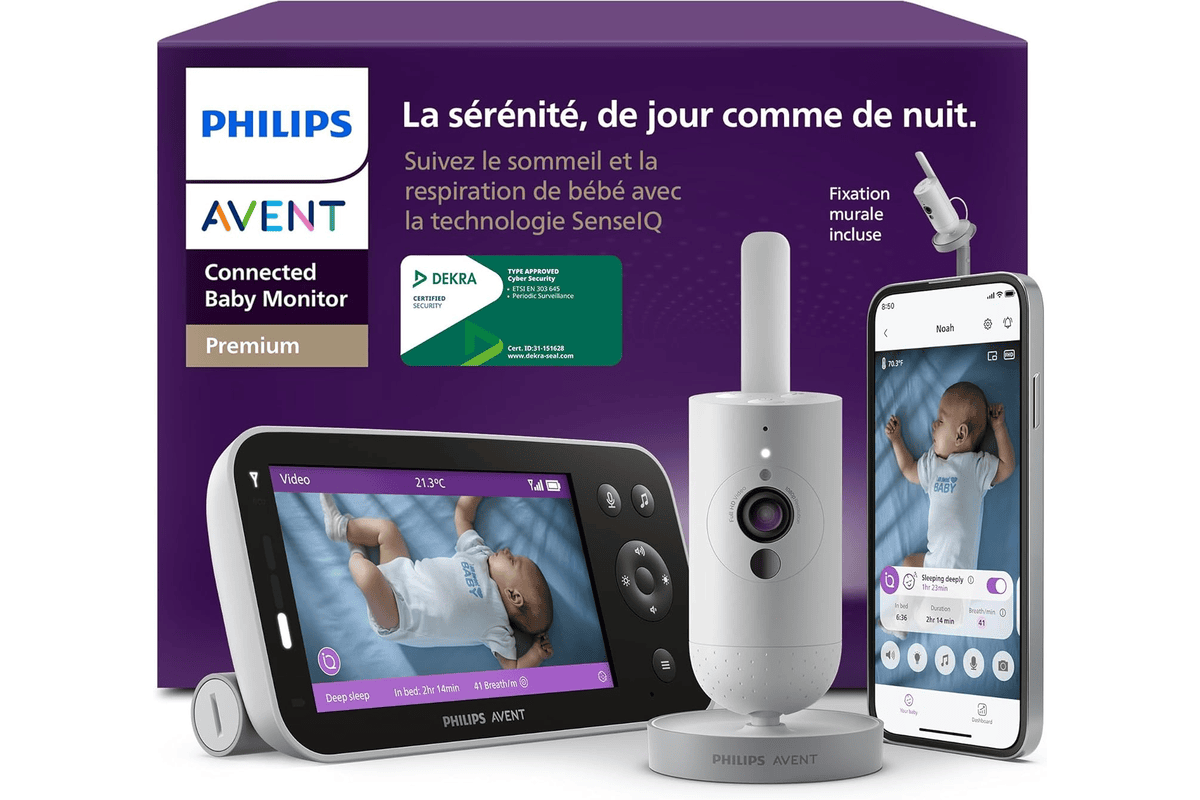 Philips Avent Babyphone caméra Premium SCD974/26 HD 1080 px suivi IA sommeil respiration interprétation pleurs certifié Dekra cybersécurité fixation murale appli 279,99 € Amazon