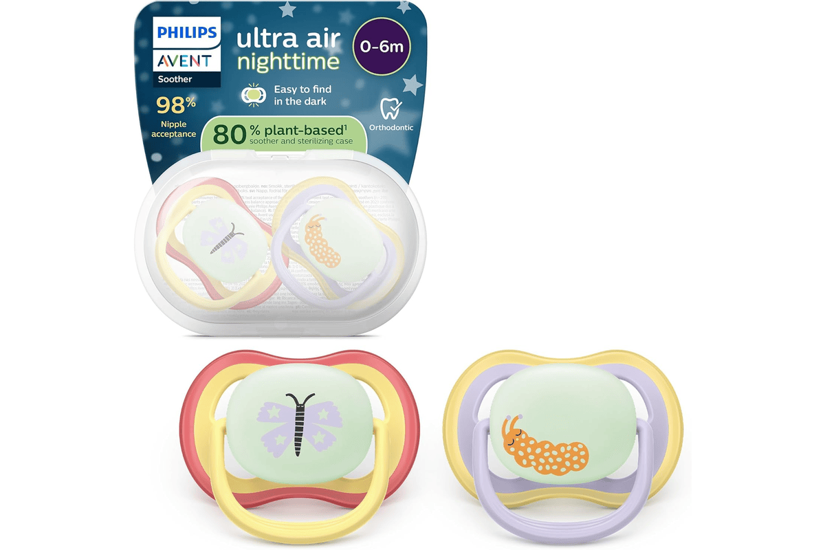Philips Avent sucettes nuit Ultra Air orthodontiques 0 6 mois phosphorescentes silicone souple origine végétale sans BPA lot de 2 SCF376/25
