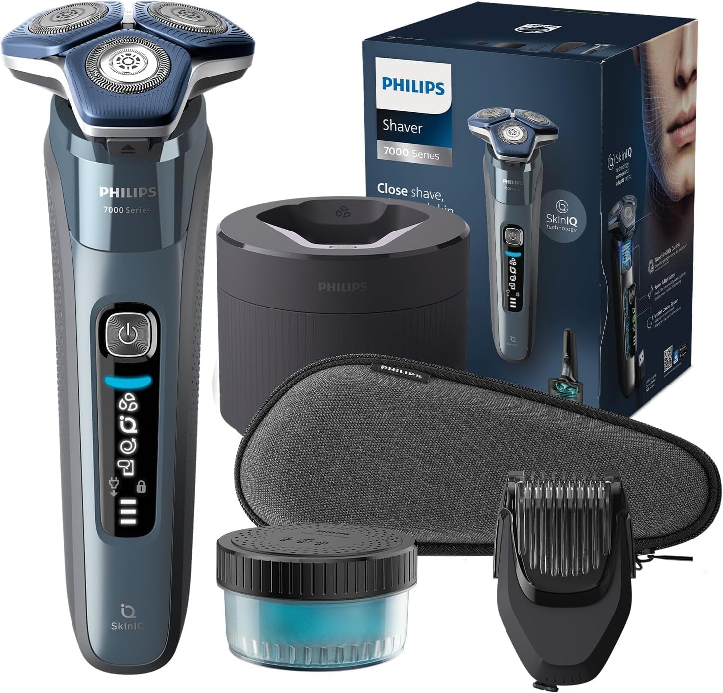 Rasoir électrique Philips Series 7000 S7882/54 bleu avec station Quick Clean Pod, tondeuse à barbe, étui et socle de charge
