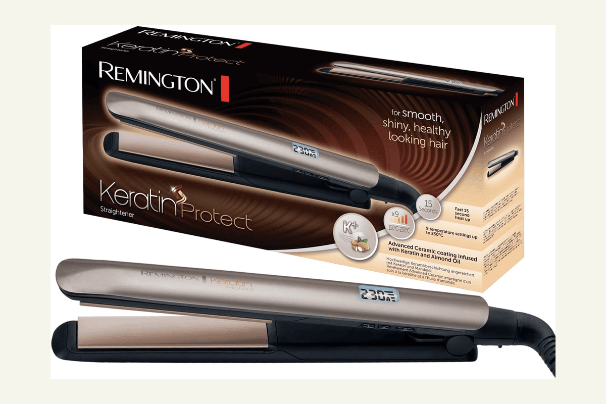 Remington S8540 Protect lisseur cheveux céramique kératine huile amande écran LCD 10 réglages 150-230°C voltage universel pochette 23,03 euros Amazon