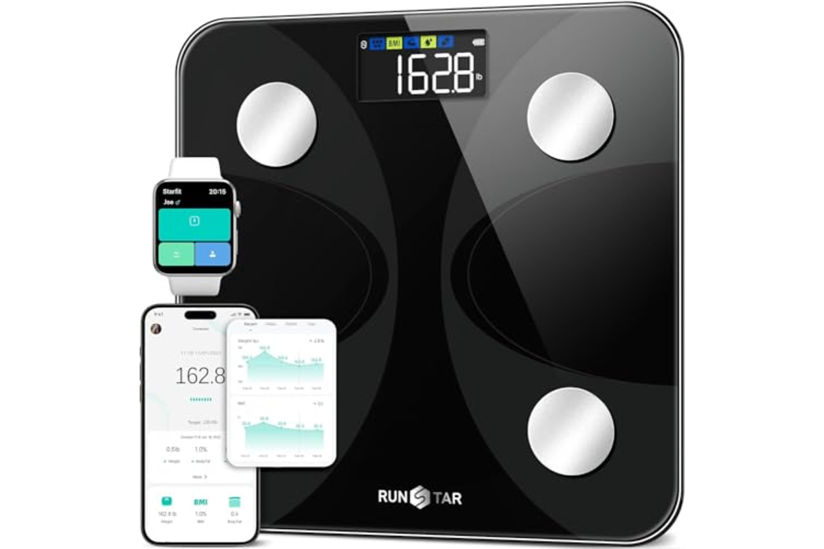 Bon plan Amazon RunSTAR balance connectee pese personne 13 donnees corporelles 180kg grand ecran mai 2026