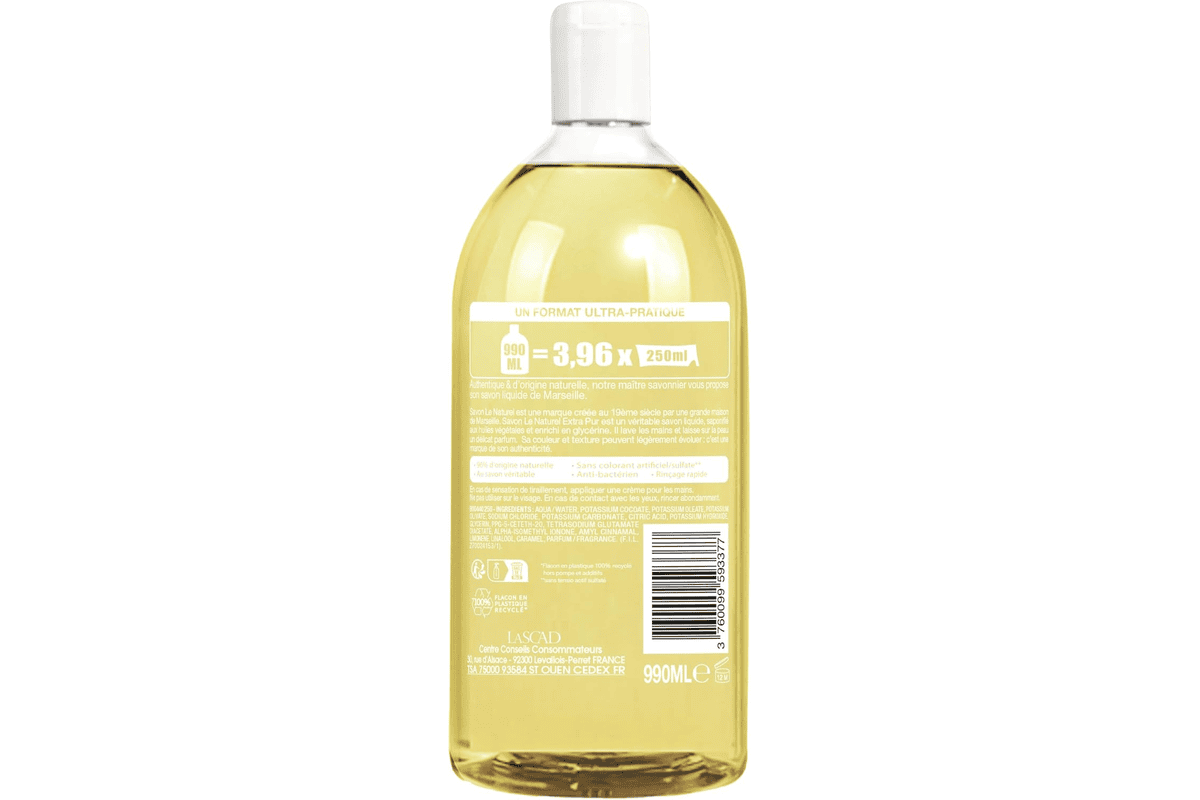 Savon Le Naturel savon liquide extra pur Marseille recharge 1L huiles végétales glycérine antibactérien