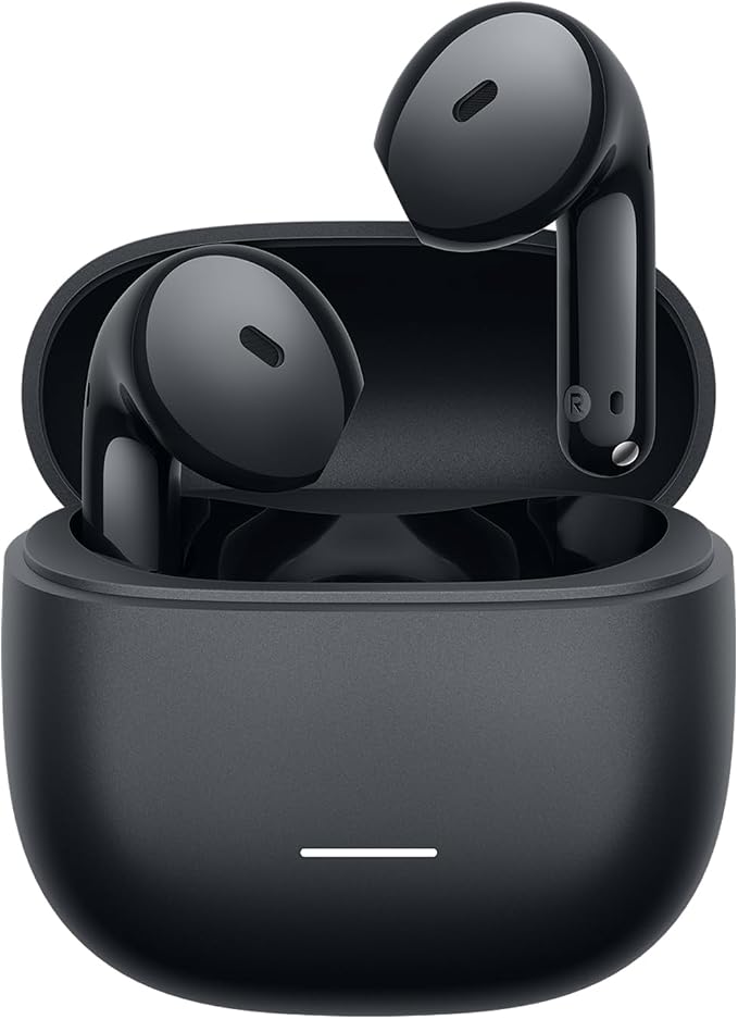 Écouteurs noirs Xiaomi Redmi Buds 8 Active dans leur boîtier de charge