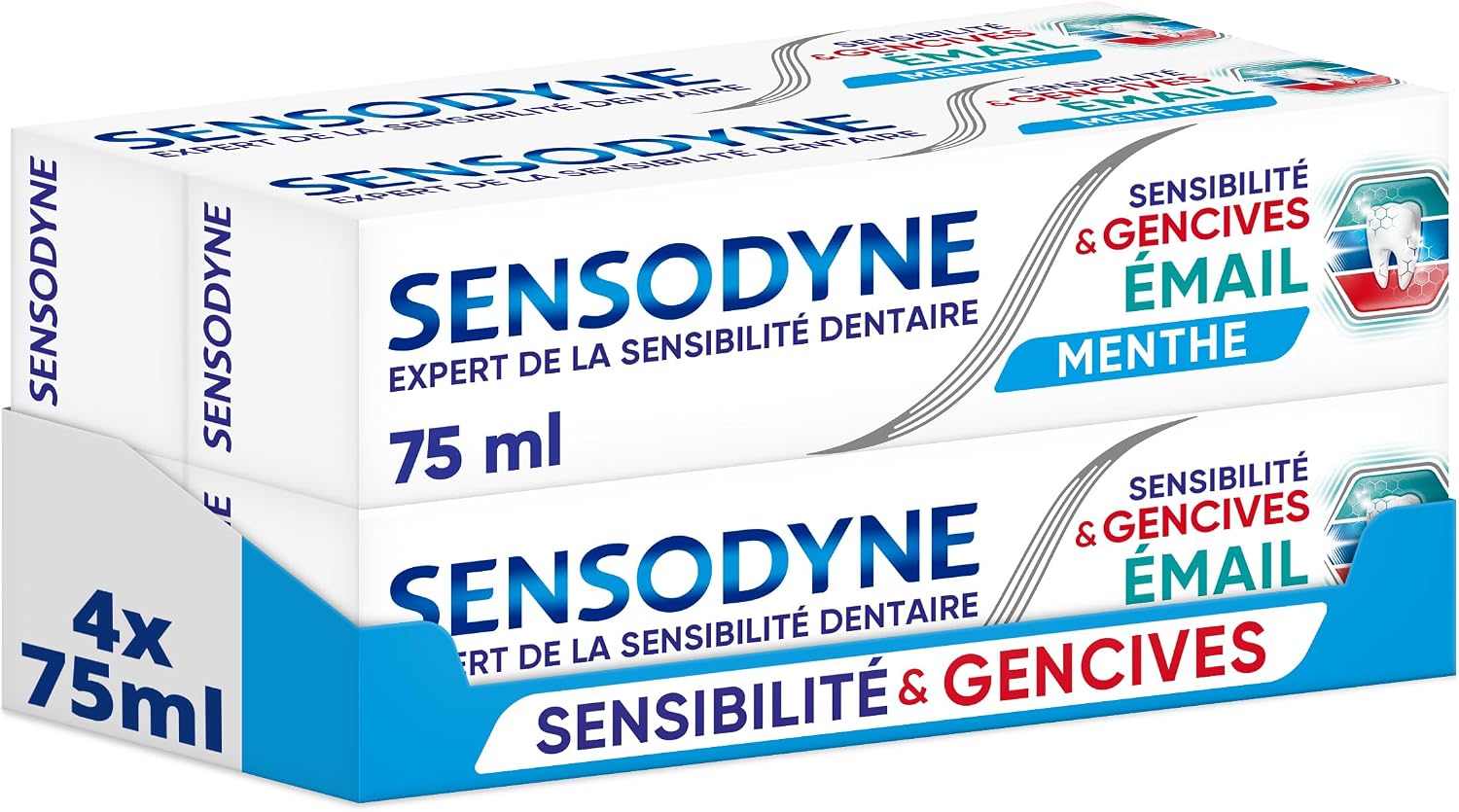 Lot de quatre dentifrices Sensodyne Sensibilité et Gencives Email 75 ml sur Amazon