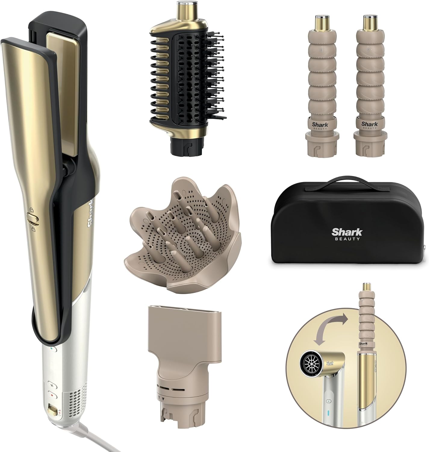 Shark Glam Multistyler HD6052SEU 5 en 1 coloris or et ses accessoires de coiffure