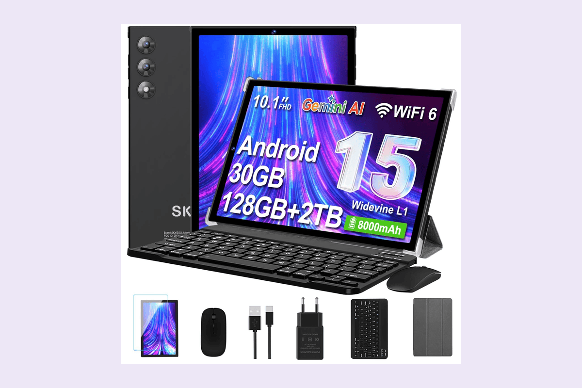 Tablette 10 pouces Android 15 Gemini AI 12 Go RAM 18 Go virtuel 128 Go stockage 2 To extension WiFi 6 Widevine L1 octa-core 8000 mAh clavier souris corps métallique noir 109,99 euros Amazon