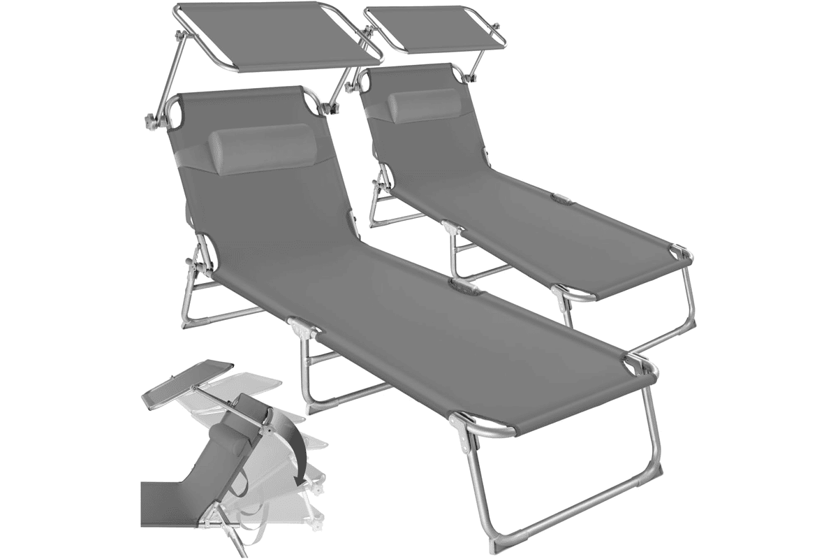 Set de 2 chaises longues pliantes tectake grises avec pare-soleil et appuie-tête, parfaites pour la plage le jardin et le camping