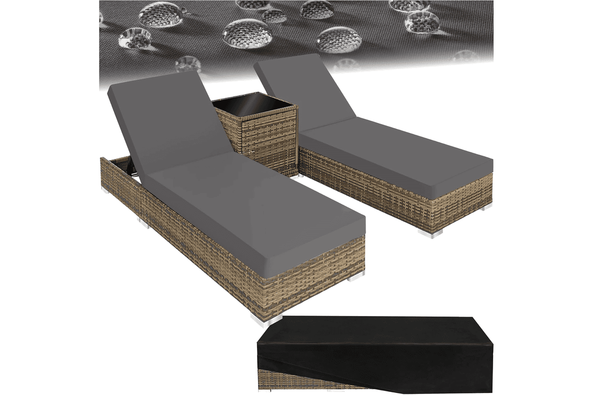 Ensemble tectake 2 chaises longues bain de soleil avec table en aluminium et résine tressée marron nature, housses de protection incluses