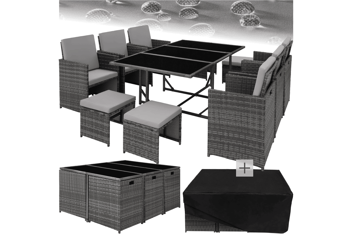 Salon de jardin tectake en résine tressée poly rotin marron avec table, 6 fauteuils en rotin et 4 tabourets poufs encastrables, plus housse de protection