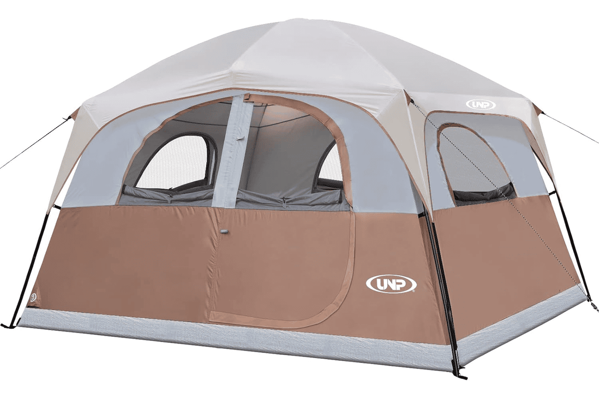 Tente UNP 6 personnes double couche bleu foncé dimensions 3 x 2,7 x 2 mètres hauteur imperméable coupe-vent installation facile grande famille camping vacances arceaux fibre de verre porte principale et abside pour 2 chambres