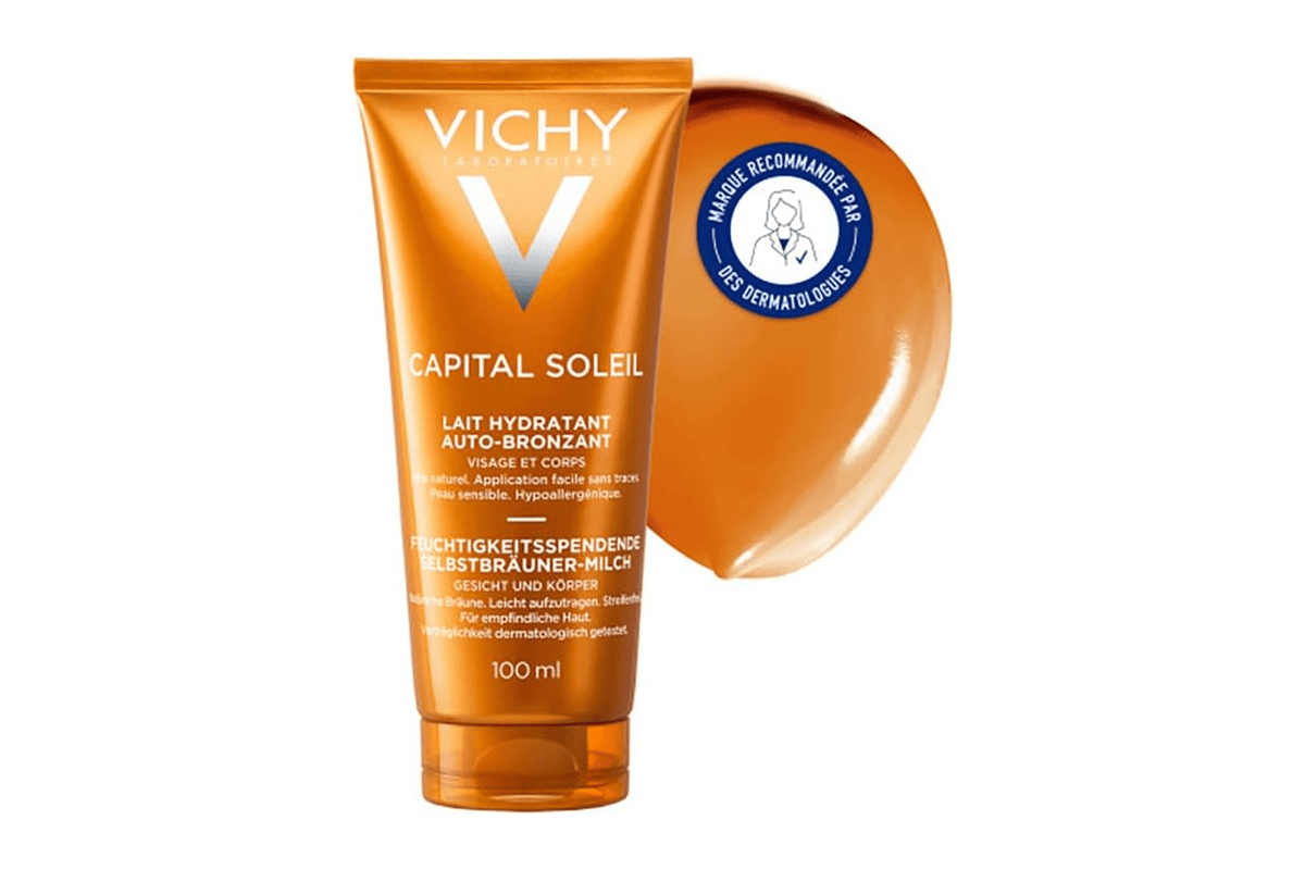 Vichy Capital Soleil Lait Hydratant Auto-Bronzant visage corps 100 ml tube blanc et orange Amazon 13,01 €