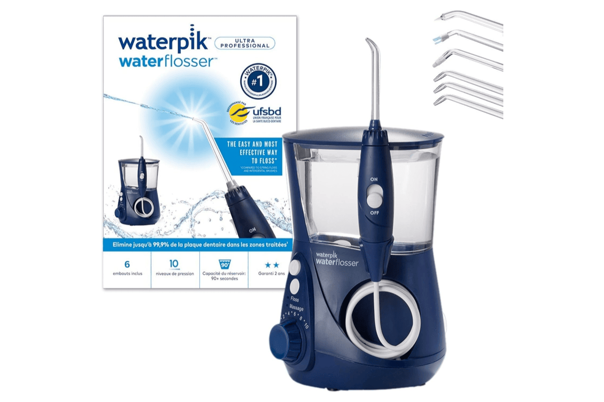 Bon plan Amazon Waterpik WP663EU hydropulseur Ultra Professional jet dentaire 7 embouts 10 niveaux pression bleu réservoir 600ml 59 euros mai 2026