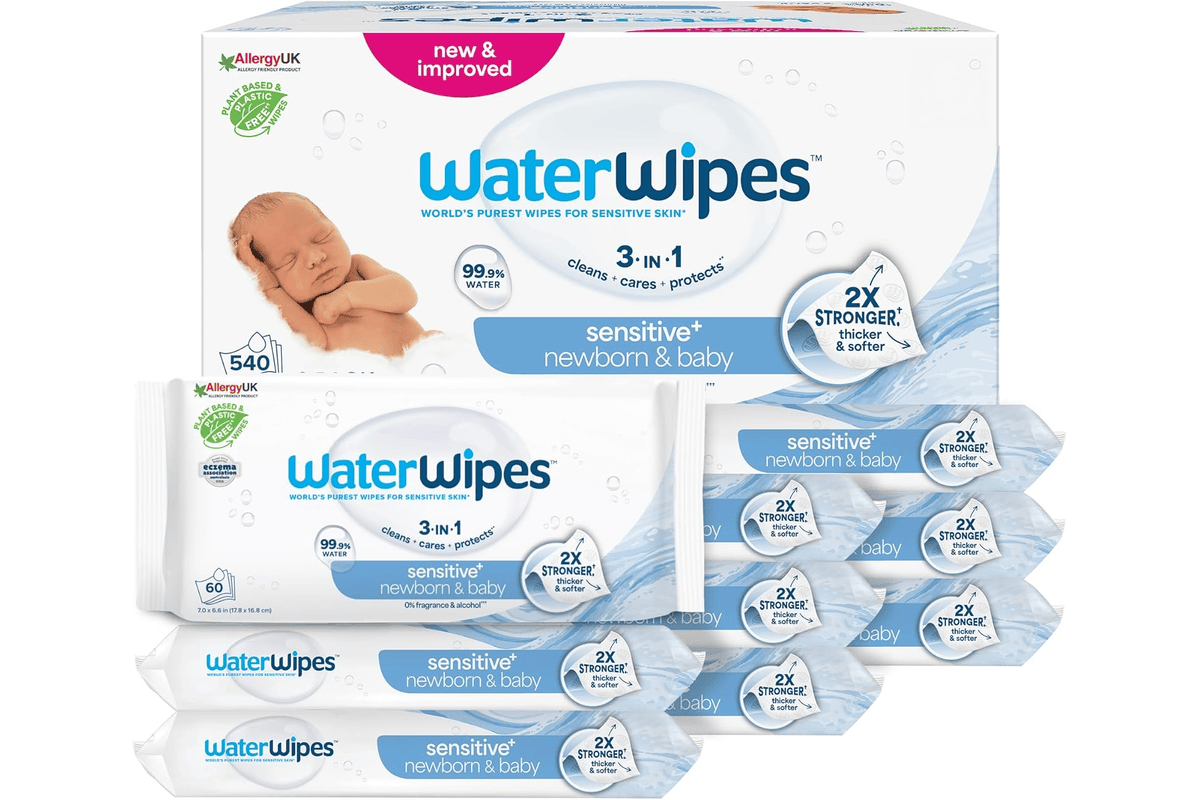 WaterWipes Sensitive plus lingettes nouveau-nés bébés paquet bleu blanc lot familial eau ultra pure 99 pourcent sans alcool sans parfum certifié Allergy UK
