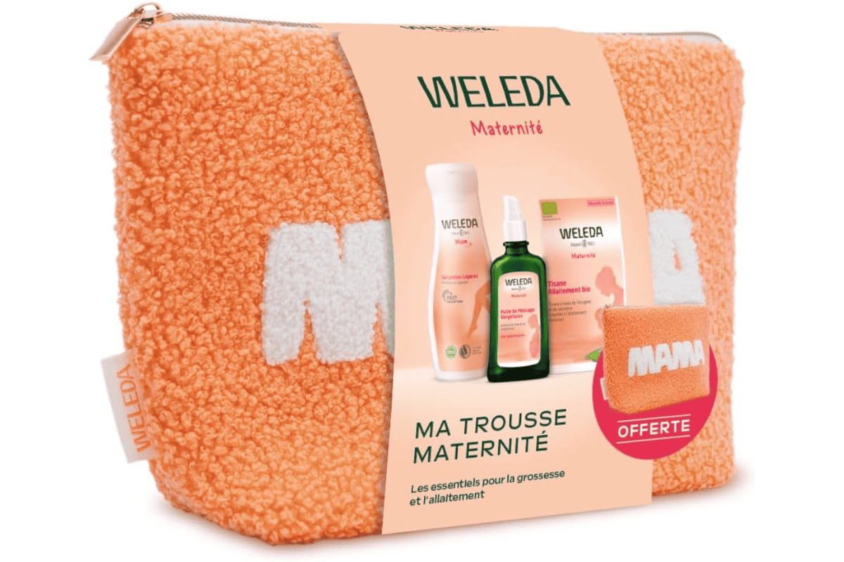 Weleda Trousse Maternité huile massage vergetures 100 ml gel jambes légères 200 ml tisane allaitement bio